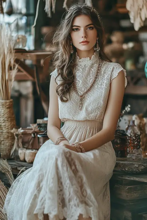 A relaxed woman wearing a high-neck lace blouse with a floor-length A-line skirt, accessorized with flat sandals and beaded bracelets 