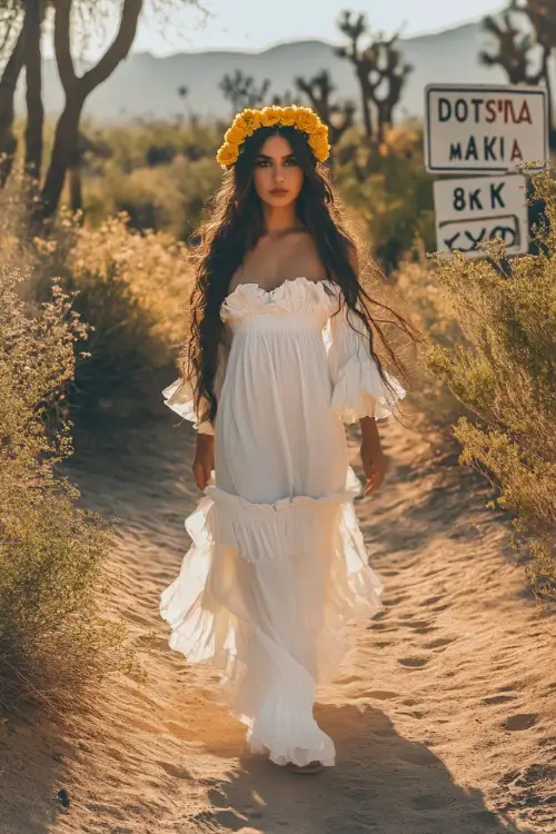A romantic Coachella look featuring a flowy ruffle-trim maxi dress with puff sleeves and a pale yellow flower crown 