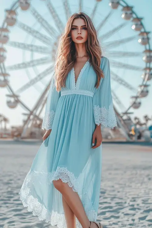A soft, romantic Coachella look featuring a light blue modest maxi dress with lace trim and bishop sleeves, styled with straw accessories and slip-on flats