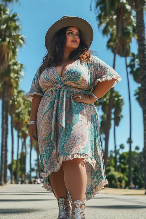 A stylish plus-size festival-goer in a paisley print wrap dress with ruffle trim and ankle boots, layered with silver bangles and a felt hat 