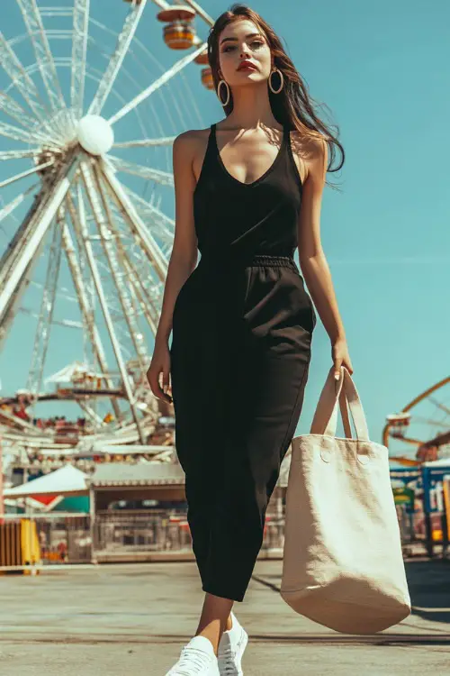 A stylish woman in a black sleeveless romper with white sneakers and hoop earrings, carrying a canvas tote bag, walking beside a Ferris wheel 