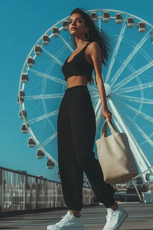 A stylish woman in a black sleeveless romper with white sneakers and hoop earrings, carrying a canvas tote bag, walking beside a Ferris wheel