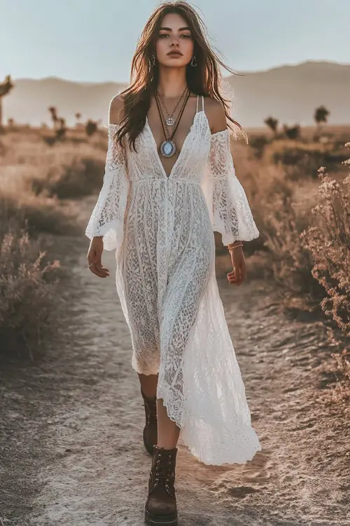 A stylish woman in a white lace maxi dress with long bell sleeves and a deep V-neckline, paired with brown ankle boots and layered necklaces