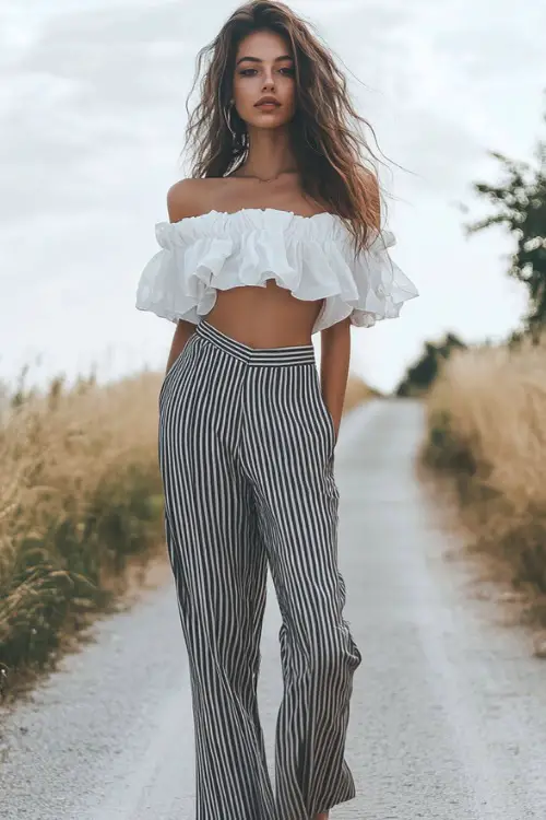 A stylish woman in a white off-the-shoulder blouse with pinstripe wide-leg trousers and flat leather sandals, posing with a gentle breeze