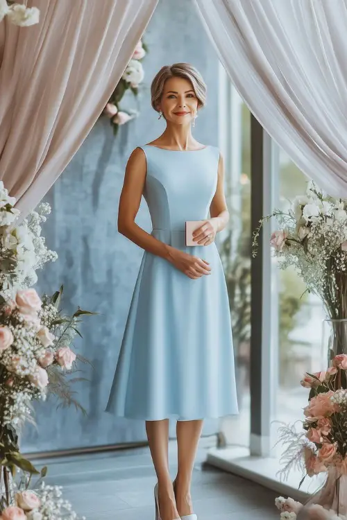 A stylish woman over 40 in a pastel blue midi dress with an illusion neckline and fitted waist, holding a small clutch while standing near a wedding venue’s entrance 