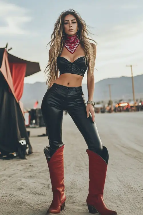 A stylish woman wearing a black corset top with flared leather pants, accessorized with red cowboy boots and a red bandana around her neck (3)