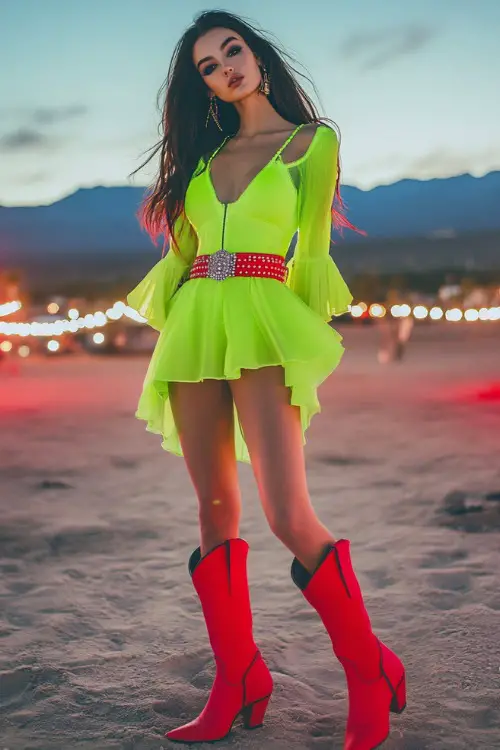 A trendy festival outfit featuring a neon green mini dress with red cowboy boots and a statement belt, striking a pose against desert festival lights