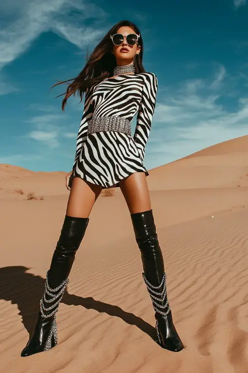 A trendy woman in a bold zebra print mini dress with black boots and a chunky silver belt, posing under soft desert lighting 