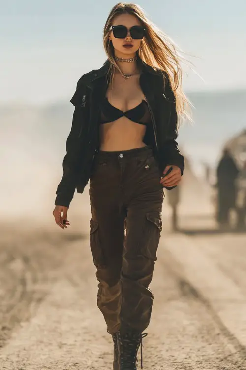 A trendy woman in a cropped moto jacket over a mesh bralette and wide-leg cargo pants, paired with lace-up boots and oversized square sunglasses