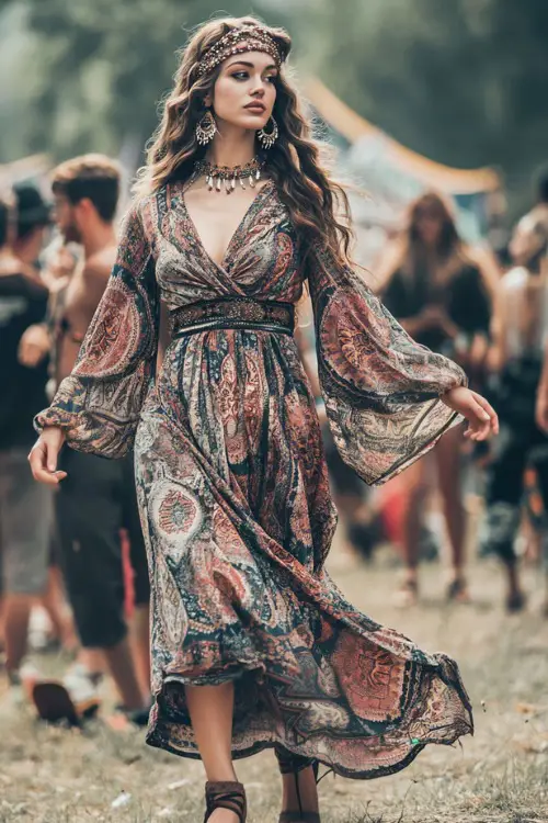 A trendy woman in a lightweight paisley print wrap dress with bell sleeves, accessorized with platform sandals and a beaded headband 