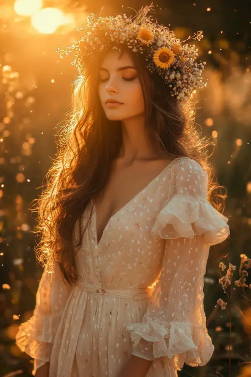 A whimsical boho woman in a ruffled wrap dress with long sleeves and a crown of mixed wildflowers, standing under warm golden festival light 
