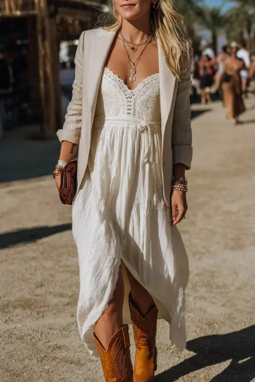 A white woman wears tan cowboy boots with a flowing ivory maxi dress featuring delicate lace detailing and a cinched waist, layered with a lightweight linen blazer and gold jewelry