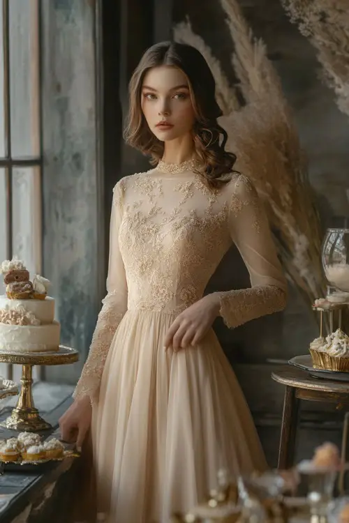 A woman in a champagne-colored knee-length fit-and-flare dress with lace detailing, a modest boat neckline, and sheer sleeves