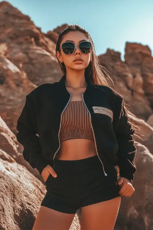 A woman in a cropped varsity jacket with a ribbed mini dress and high-top sneakers, styled with a slicked ponytail and statement sunglasses, standing near desert rocks
