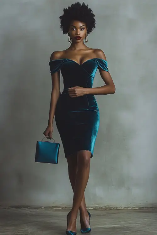 A woman in a fitted velvet midi dress with an off-the-shoulder neckline, styled with pointed heels and a mini handbag