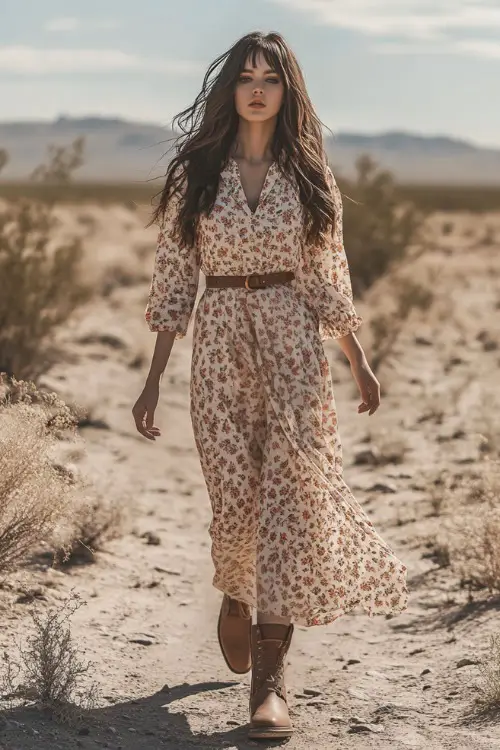 A woman in a floor-length boho dress with tiny floral prints, buttoned up to the collar, accessorized with neutral-toned boots and a leather belt 