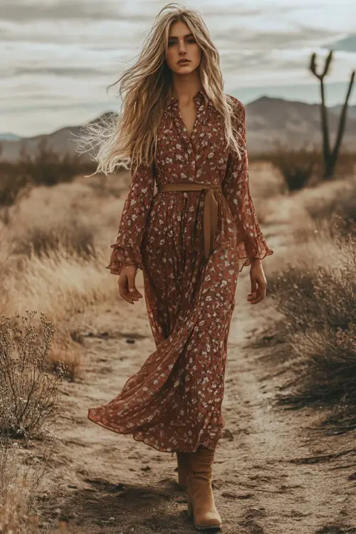 A woman in a floor-length boho dress with tiny floral prints, buttoned up to the collar, accessorized with neutral-toned boots and a leather belt