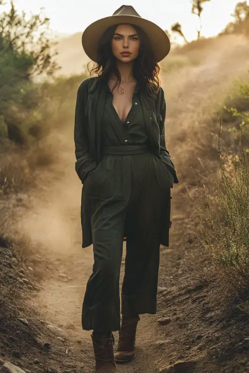 A woman in a layered outfit with a loose longline duster over a modest jumpsuit, paired with suede boots and a wide-brim hat, standing near a dusty trail 