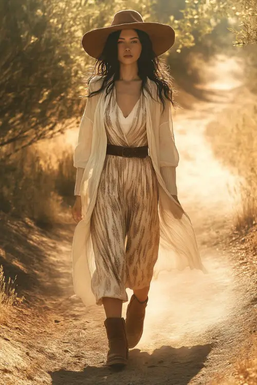 A woman in a layered outfit with a loose longline duster over a modest jumpsuit, paired with suede boots and a wide-brim hat, standing near a dusty trail (3)