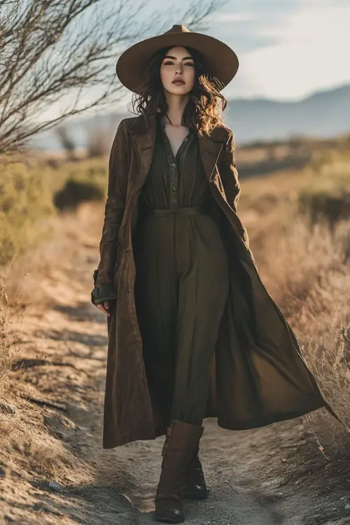 A woman in a layered outfit with a loose longline duster over a modest jumpsuit, paired with suede boots and a wide-brim hat, standing near a dusty trail