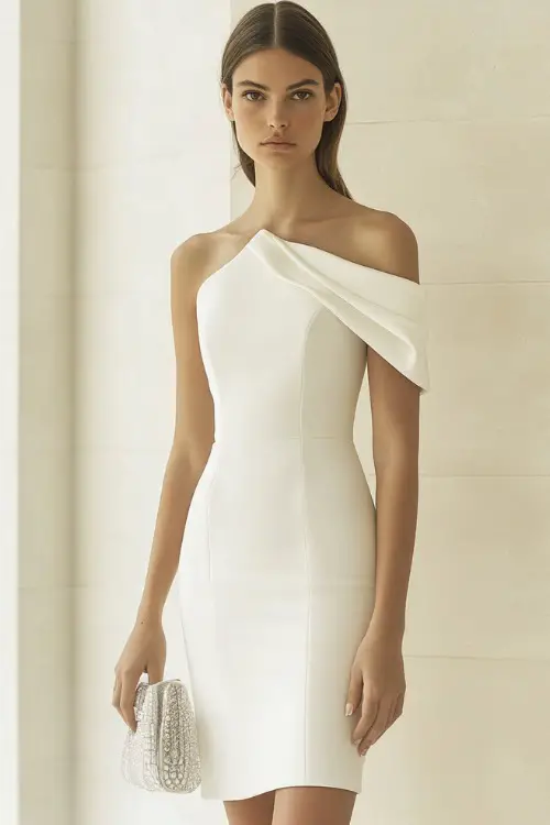 A woman in a one-shoulder fitted midi dress with ruched details, accessorized with clear heels and a structured handbag