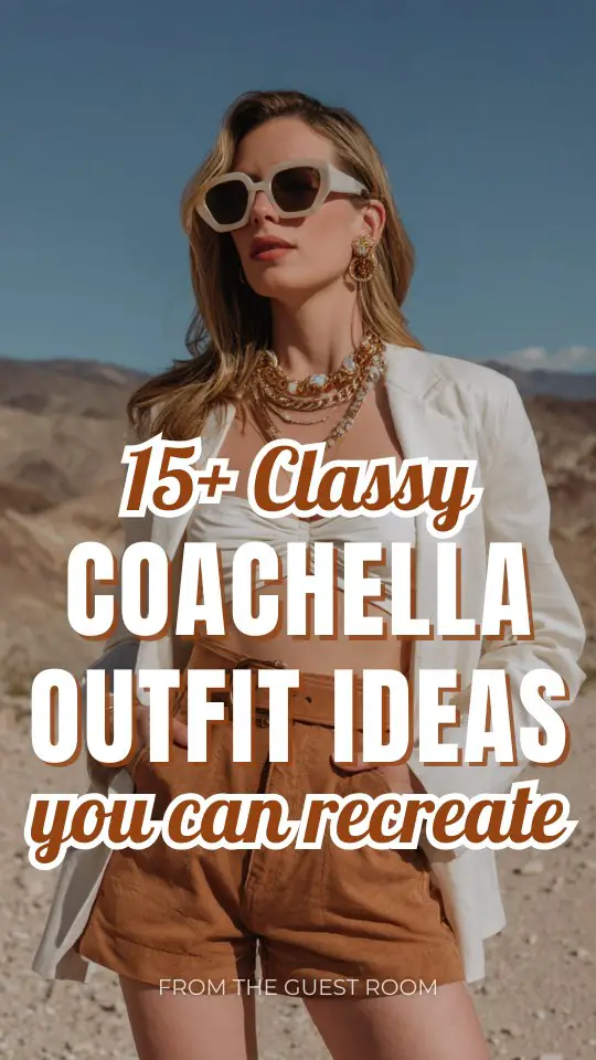 A woman over 30 wears a classy Coachella outfit with a cropped top and tailored shorts, styled with layered necklaces