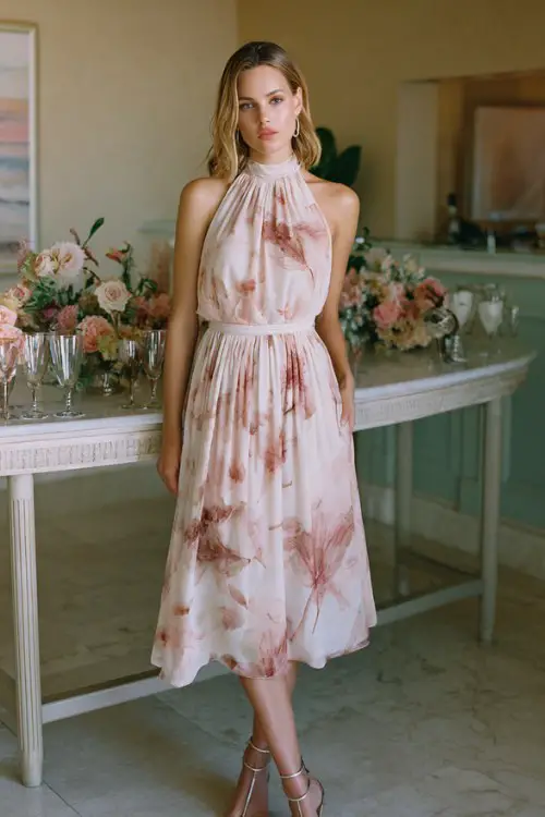 A woman over 30 wears a classy halter-neck cocktail dress with pastel botanical print and elegant pleated skirt, styled with metallic strappy heels