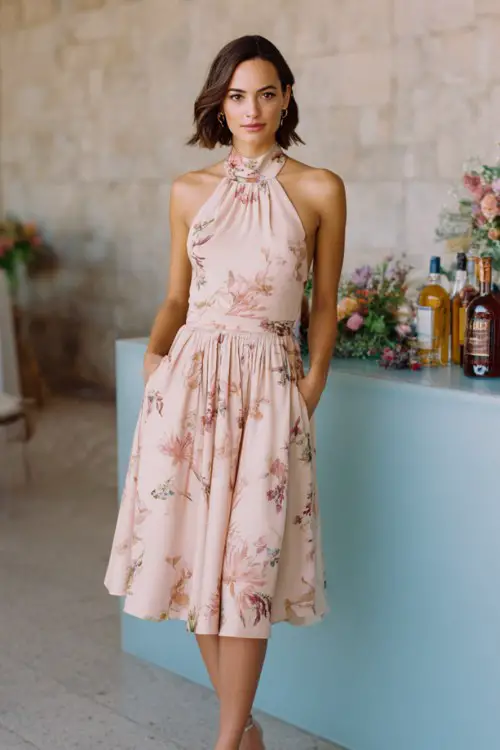 A woman over 30 wears a classy halter-neck cocktail dress with pastel botanical print and elegant pleated skirt, styled with metallic strappy heels
