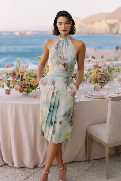 A woman over 30 wears a classy halter-neck cocktail dress with pastel botanical print and elegant pleated skirt, styled with metallic strappy heels