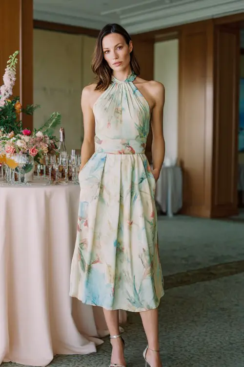A woman over 30 wears a classy halter-neck cocktail dress with pastel botanical print and elegant pleated skirt, styled with metallic strappy heels