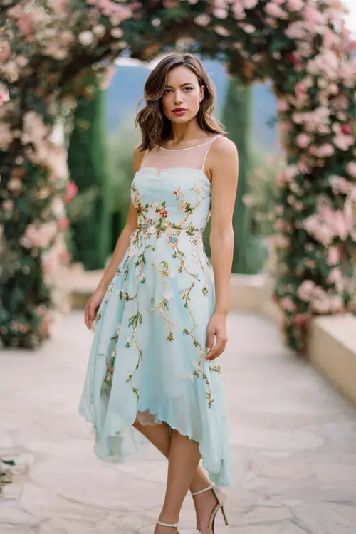 A woman over 30 wears a pastel cocktail dress with layered chiffon and embroidered vine motifs, structured bodice and airy movement, styled with elegant stilettos