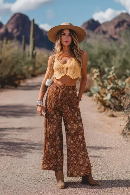 A woman over 30 wears caramel cowboy boots with wide-leg patterned pants and a crochet crop top, styled with stacked bracelets and a floppy hat (2)