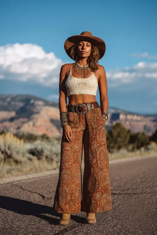 A woman over 30 wears caramel cowboy boots with wide-leg patterned pants and a crochet crop top, styled with stacked bracelets and a floppy hat