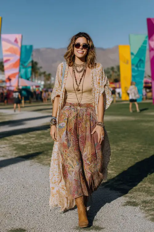 A woman over 30 wears caramel cowboy boots with wide-leg patterned pants and a flowing tunic blouse, accessorized with layered necklaces