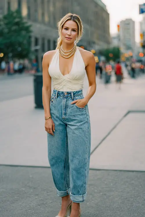 A woman over 30 wears relaxed-fit jeans with a structured halter top, styled with platform heels and layered necklaces