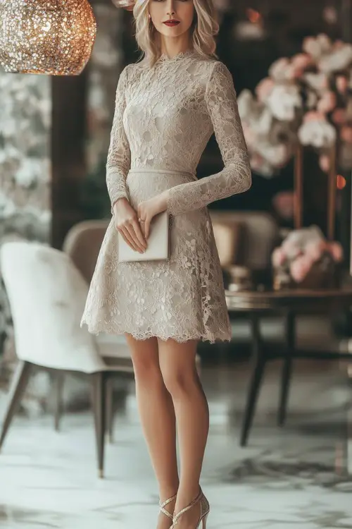A woman over 40 in a knee-length A-line dress with lace sleeves, wearing elegant heels and a matching clutch, standing gracefully in a softly lit wedding venue with floral decorations