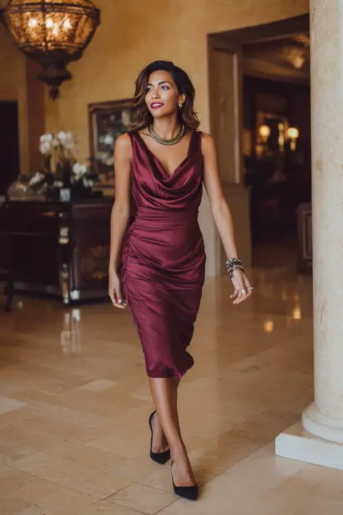 A woman over 40 wears a burgundy satin midi dress with a draped neckline and soft side ruching