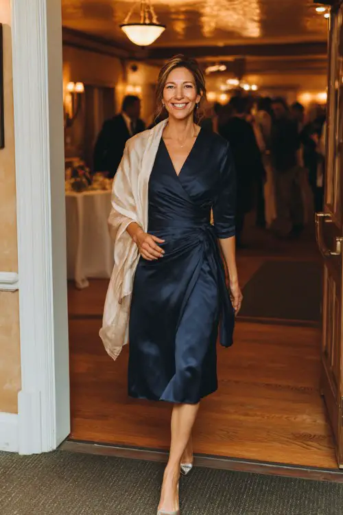 A woman over 40 wears a classic navy wrap dress with three-quarter sleeves and a satin waist tie, styled with silver heels and a soft cream shawl