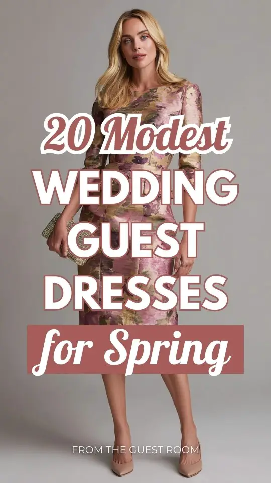 A woman over 40 wears a classy modest spring wedding guest dress with three-quarter sleeves, tea-length hem and structured waist, paired with classic pumps and a small clutch