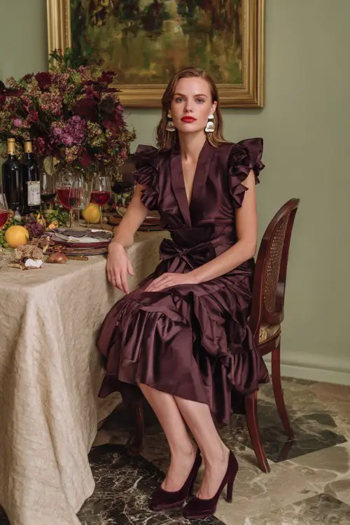 A woman over 40 wears a deep eggplant tea-length dress with layered ruffle sleeves and a satin waist bow, styled with velvet ankle-strap heels