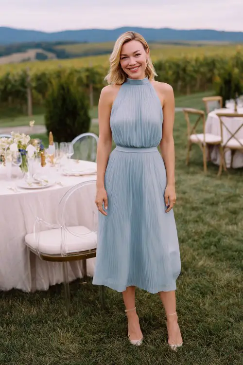 A woman over 40 wears a dusty blue pleated dress with a high neckline, soft waist definition, and flowing midi-length skirt