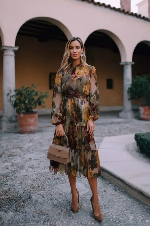 A woman over 40 wears a floral print chiffon dress with long sleeves and a layered skirt in autumn tones, styled with suede pumps