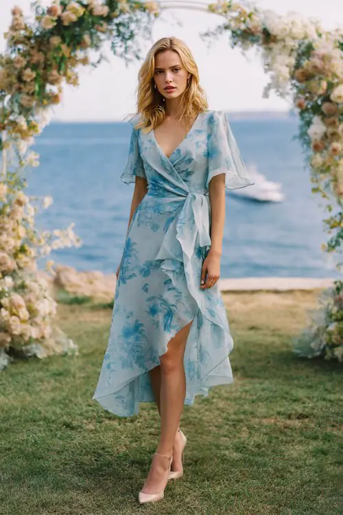 A woman over 40 wears a graceful powder blue layered organza dress with subtle floral jacquard texture and flutter sleeves, styled with classic pumps
