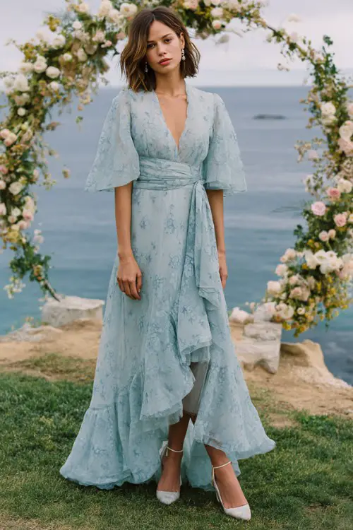A woman over 40 wears a graceful powder blue layered organza dress with subtle floral jacquard texture and flutter sleeves, styled with classic pumps