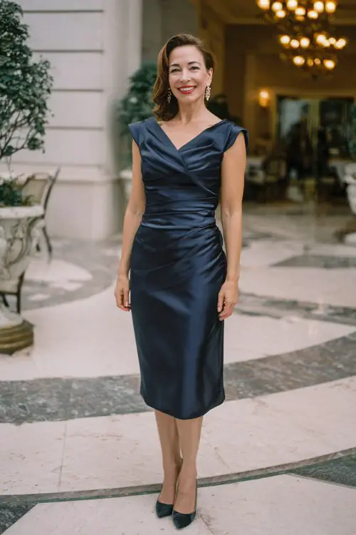 A woman over 40 wears a navy satin midi dress featuring a draped neckline, cap sleeves, and a softly pleated skirt