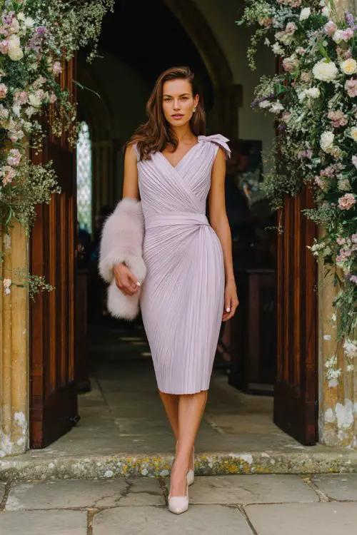 A woman over 40 wears a pastel lilac asymmetrical dress with sharp pleats and a shoulder tie detail