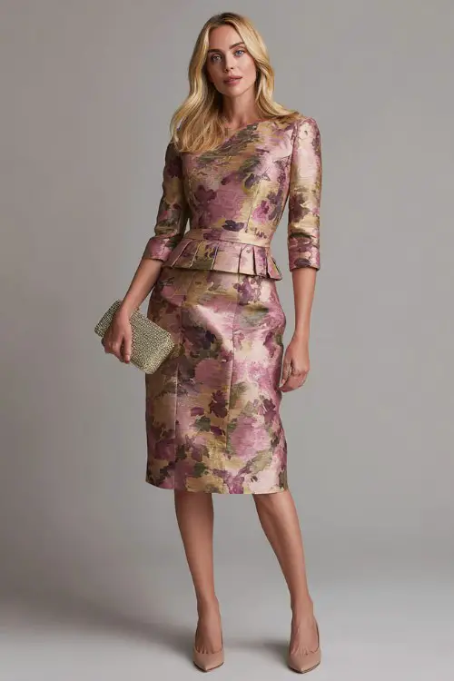 A woman over 40 wears a refined floral jacquard dress with three-quarter sleeves, tea-length hem and structured waist, paired with classic pumps and a small clutch
