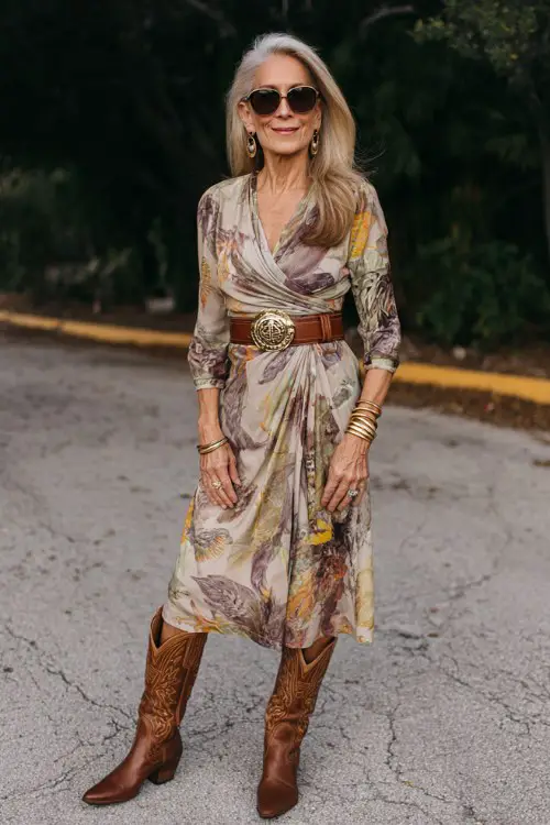 A woman over 40 wears beige cowboy boots with a printed wrap dress and wide western belt, styled with elegant bangles and oversized sunglasses