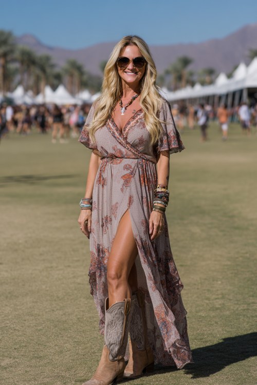 A woman over 40 wears beige cowboy boots with a printed wrap maxi dress and a lightweight linen duster, styled with elegant bangles and oversized sunglasses