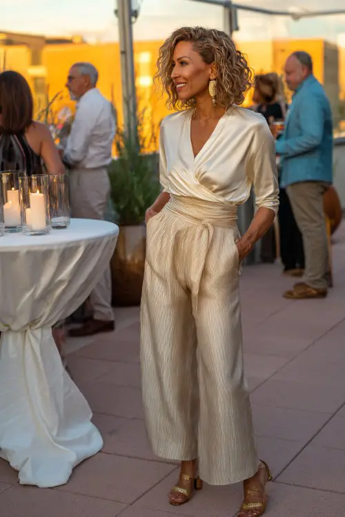 A woman over 40 wears tailored wide-leg trousers with a silky wrap blouse and gold heel